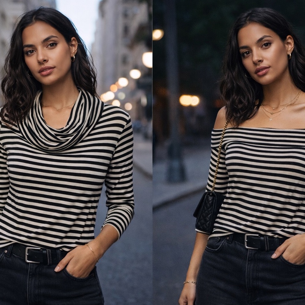 H&M Black and Cream Striped Convertible Cowl Neck Sweater